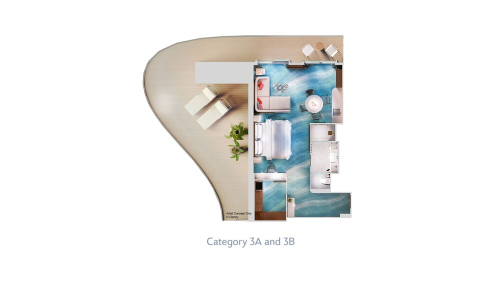 An artist rendering of a Concierge Family Oceanview with Verandah Stateroom floor plan with a bathroom, bed, sofa, TV, dining table, chairs and a balcony with 2 lounge chairs, chairs and a table