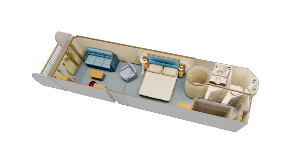 An artist rendering of a Disney Cruise Line Concierge Family Oceanview with Verandah Stateroom with a bed, bathroom, closet, chair, sofa, table, 2 nightstands and a verandah facing the ocean with 2 chairs and a table
