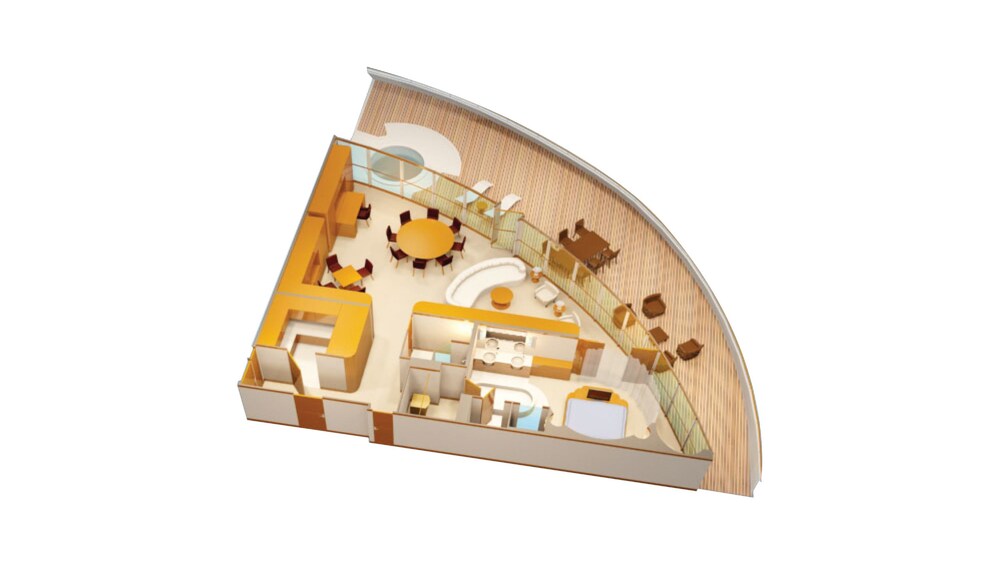 An artist rendering of a Disney Cruise Line Concierge Royal Suite with Verandah Stateroom with a closet, a dining area, a living room, a bathroom, a bedroom and a verandah with an ocean view. 