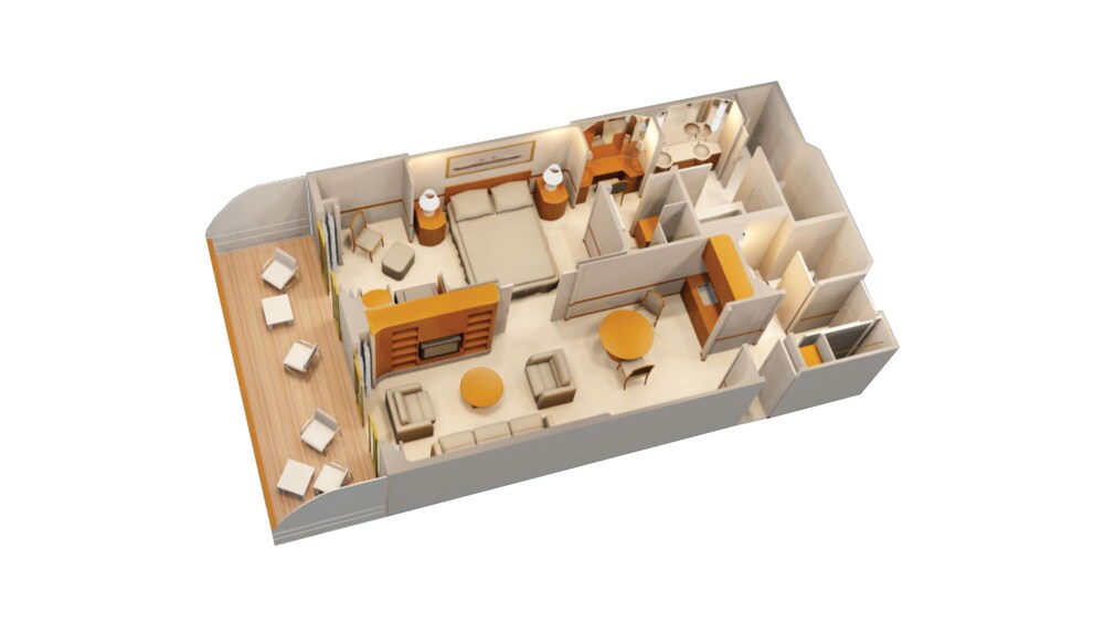 An artist rendering of a Disney Cruise Line Concierge 1 Bedroom Suite with a bedroom, living room, bathroom, sofa, tables, chairs, and a verandah facing the ocean with tables and chairs