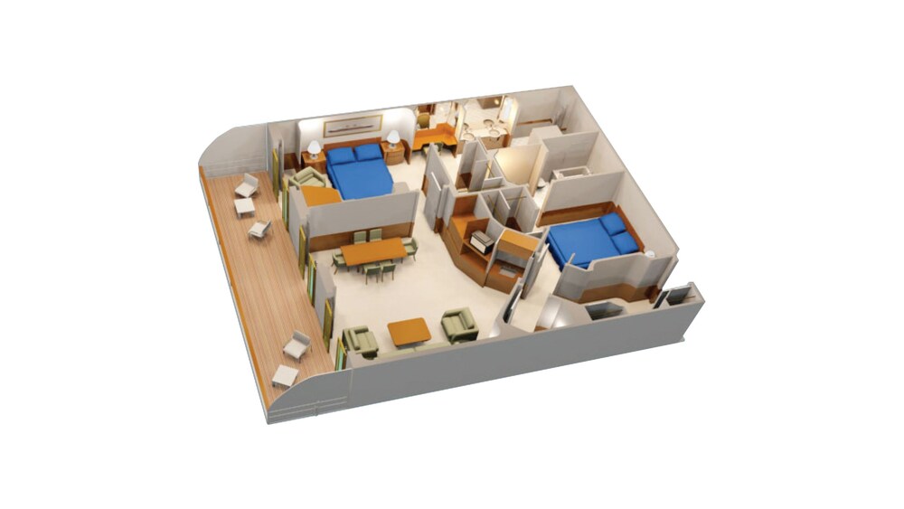 An artist rendering of a Disney Cruise Line Concierge 2 Bedroom Suite with a living room, bathroom, dining table, sofa, 2 bedrooms, tables, chairs, and a verandah facing the ocean with tables and chairs