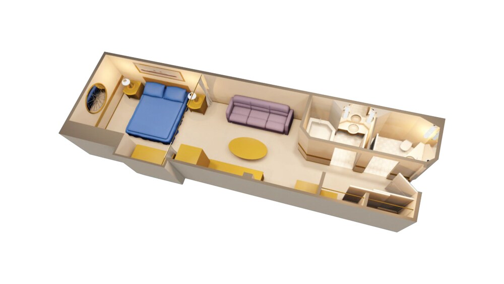 An artist rendering of a Disney Cruise Line Deluxe Inside Stateroom floor plan with a bathroom, closet, sofa, vanity, table, desk and a bed