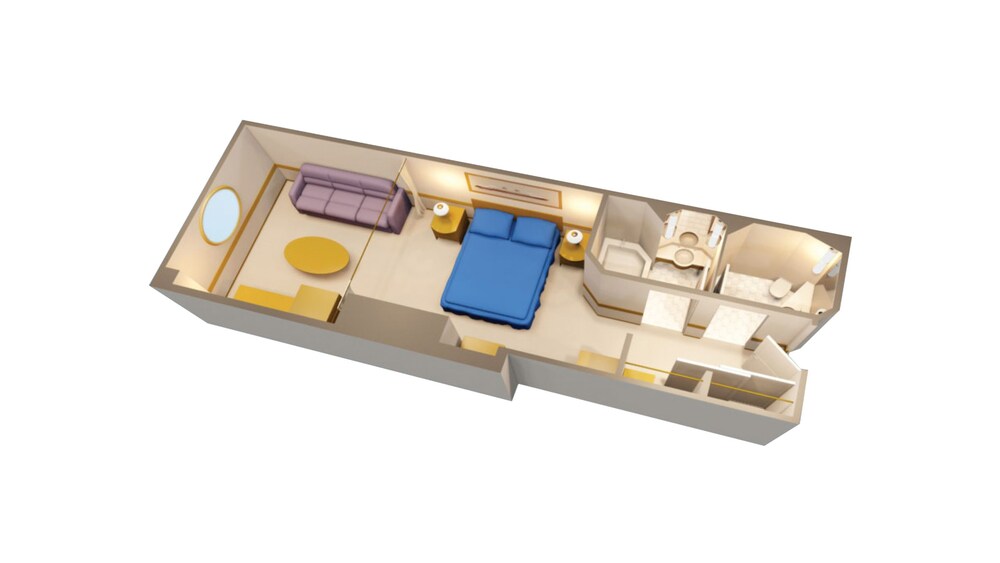 Representación artística de un camarote de lujo con vista al mar de Disney Cruise Line con una cama, sofá, escritorio, mesa, armario, baño y una ventana con vista al mar