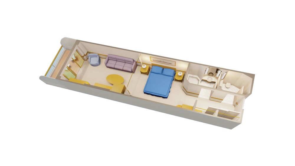 A Disney Cruise Line Deluxe Family Oceanview with Verandah Stateroom floor plan with a bed, sofa, table, desk, chair, bathroom, closet, 2 nightstands and a verandah facing the ocean