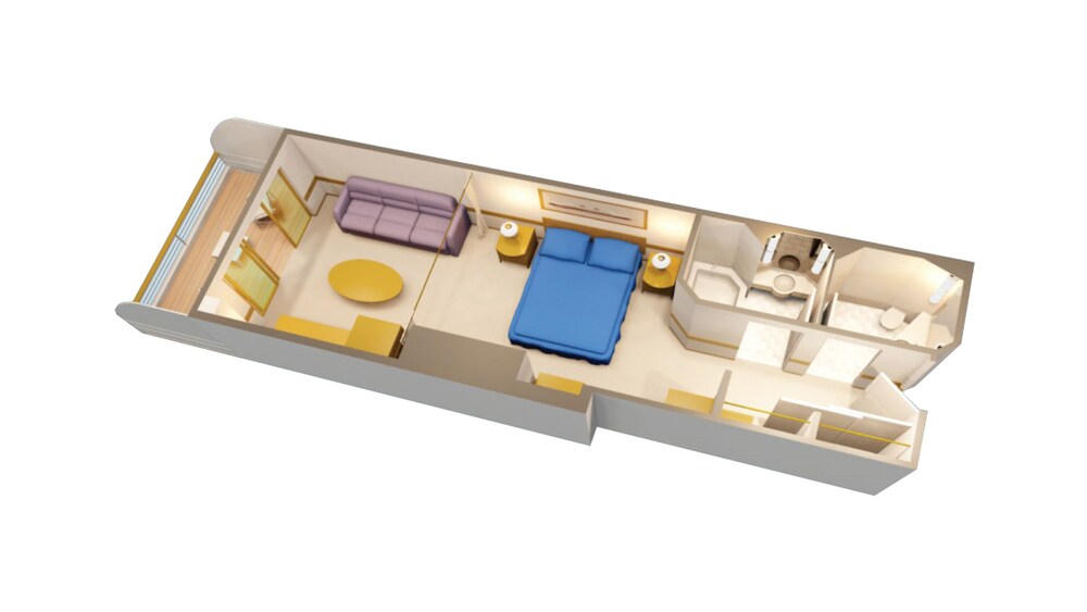 A Disney Cruise Line Deluxe Oceanview with Verandah Stateroom floor plan with a bed, sofa, table, desk, bathroom, closet, 2 nightstands and a verandah facing the ocean