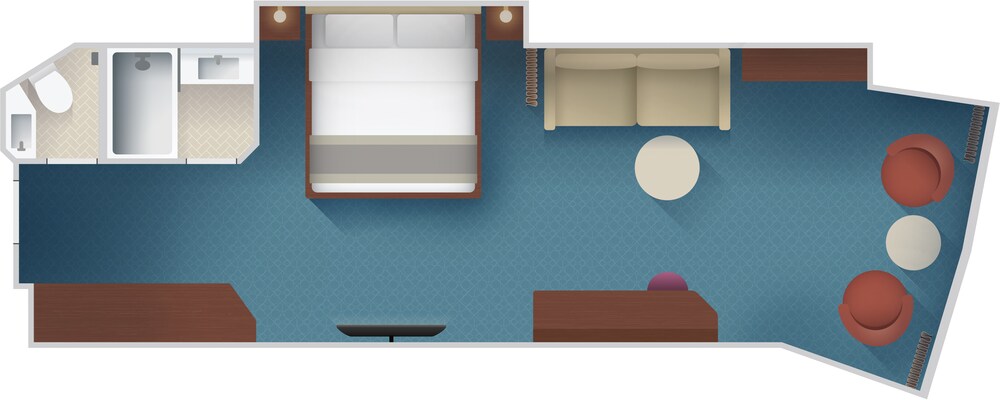 An artist rendering of a Disney Cruise Line Concierge Family Oceanview Stateroom with a bathroom, a bed, a sofa, a low table, 2 chairs, a vanity, a TV and a closet