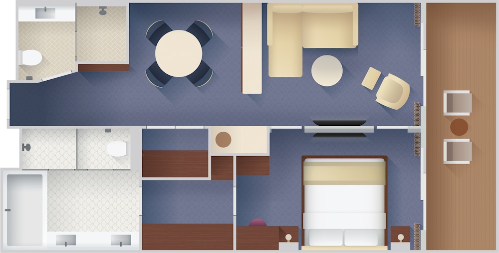 An artist rendering of a Disney Cruise Line Concierge 1 Bedroom Suite with Verandah Stateroom with a common bathroom, a dining table, a sofa, a low table, a verandah, a bed, 2 closets and a private bathroom
