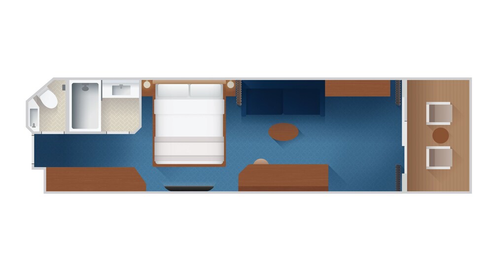 An artist rendering of a Disney Cruise Line Deluxe Family Oceanview with Verandah Stateroom with a bathroom, a bed, a sleeper sofa, a low table, a verandah with an ocean view, a vanity and a closet