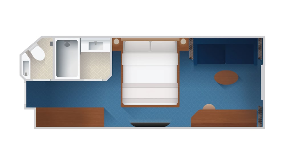 An artist rendering of a Disney Cruise Line Deluxe Oceanview Stateroom with a bathroom, a bed, a sleeper sofa, a low table, a vanity and a closet
