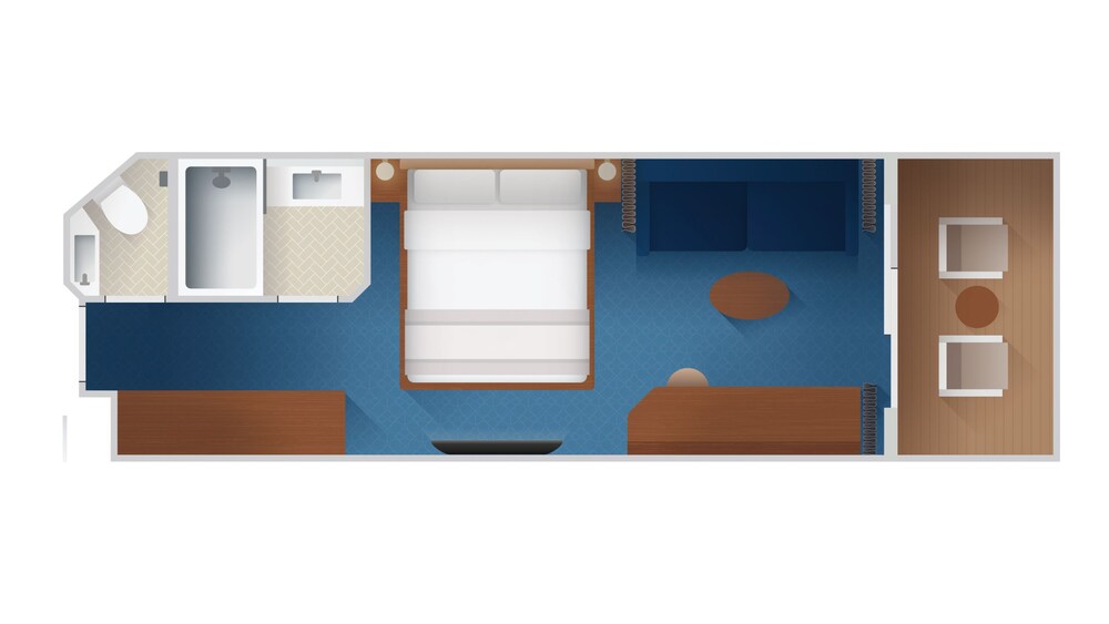 An artist rendering of a Disney Cruise Line Deluxe Oceanview with Verandah Stateroom with a bathroom, a bed, a sleeper sofa, a low table, a verandah with an ocean view, a vanity and a closet
