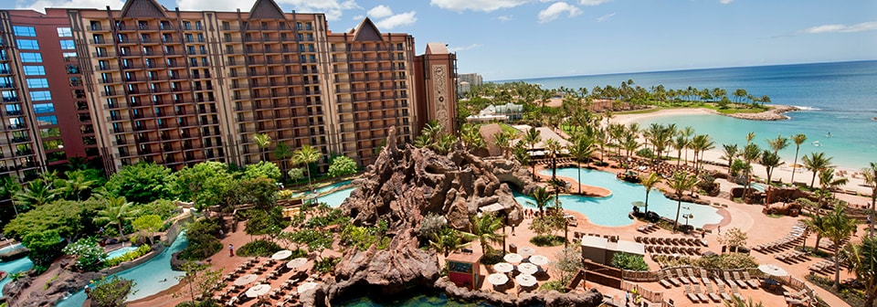 Disneys Aulani Resort in Hawaii overlooking swimming pools, the beach and the water