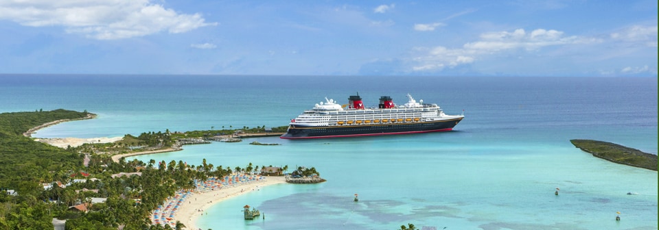 The Disney Wish cruise ship docked in Disney Castaway Cay in The Bahamas