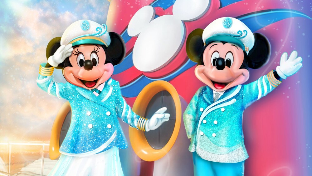 Captain Minnie Mouse and Captain Mickey Mouse dressed in Silver Anniversary attire while waving and saluting on the deck of a Disney cruise ship