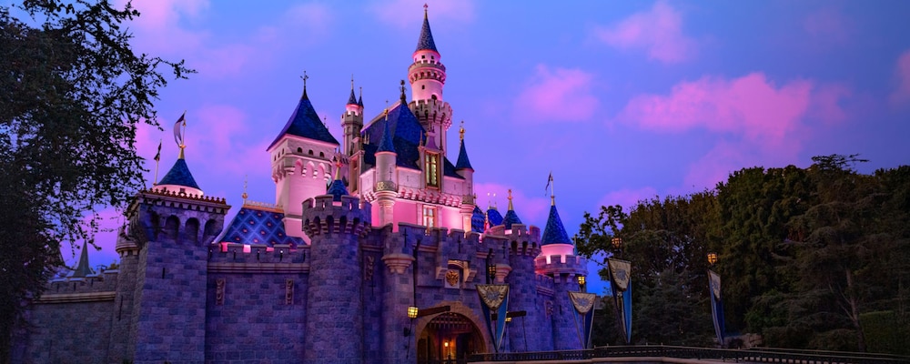 a castle-like structure with towers and turrets under a purple and blue sky