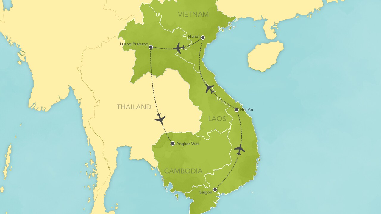 Interactive map of Vietnam, Laos and Cambodia, showing a summary of each day's activities.