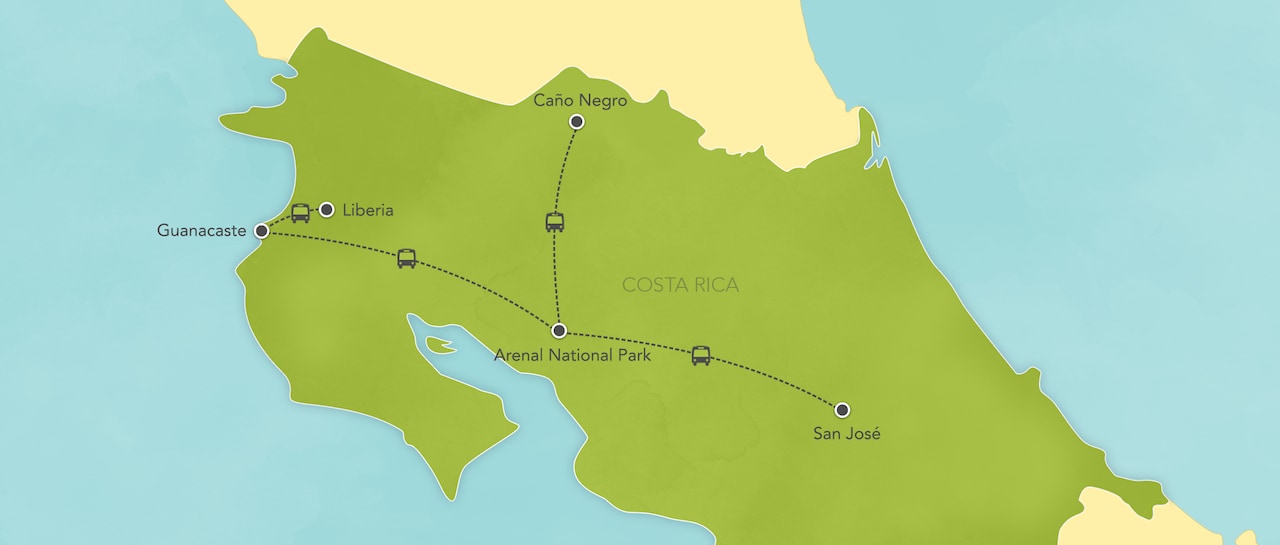 Interactive map of Costa Rica, showing a summary of each day's activities.