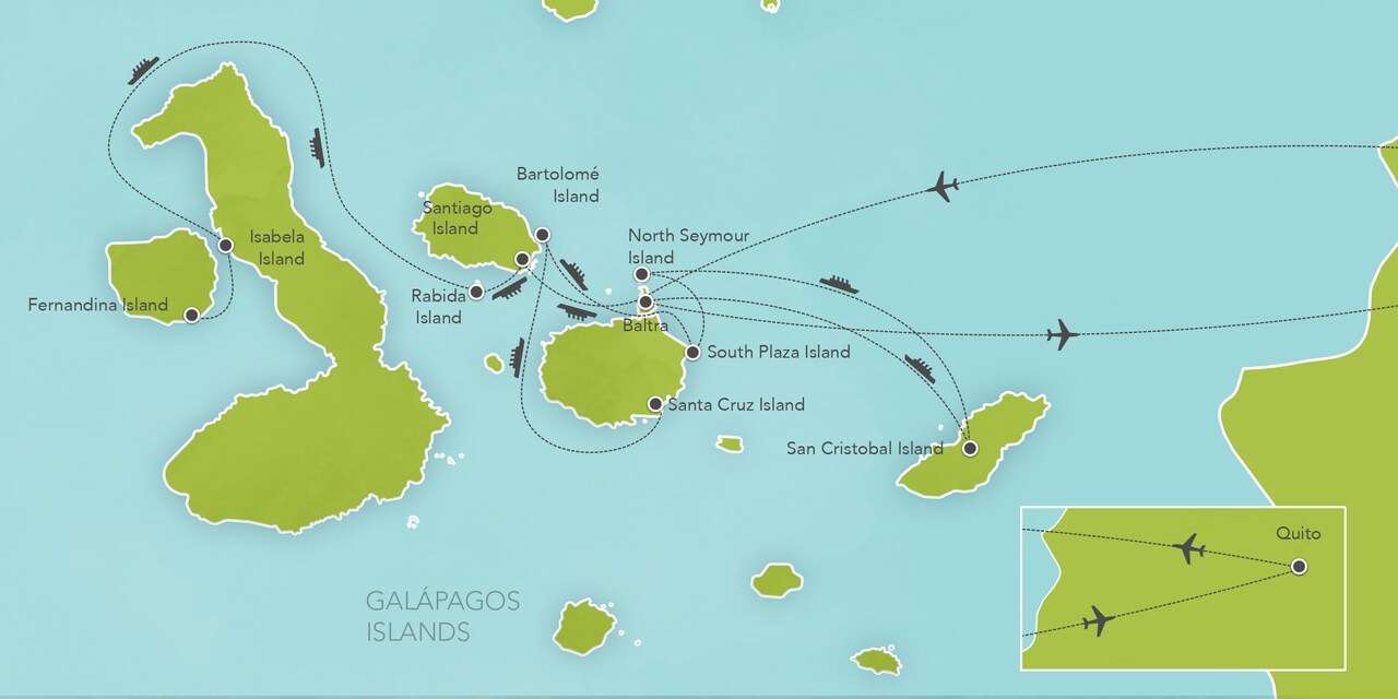 Interactive map of Ecuador and the Galápagos Islands, showing a summary of each day's activities.