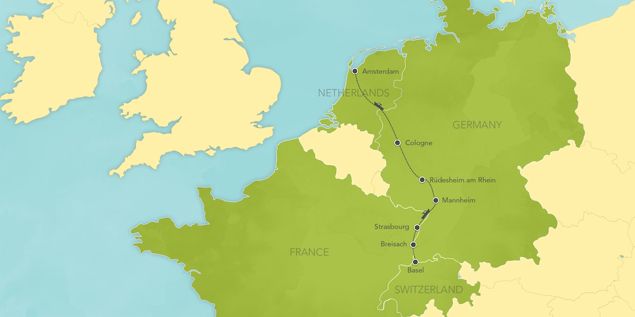 Interactive map of the Rhine River, showing a summary of each day's activities.