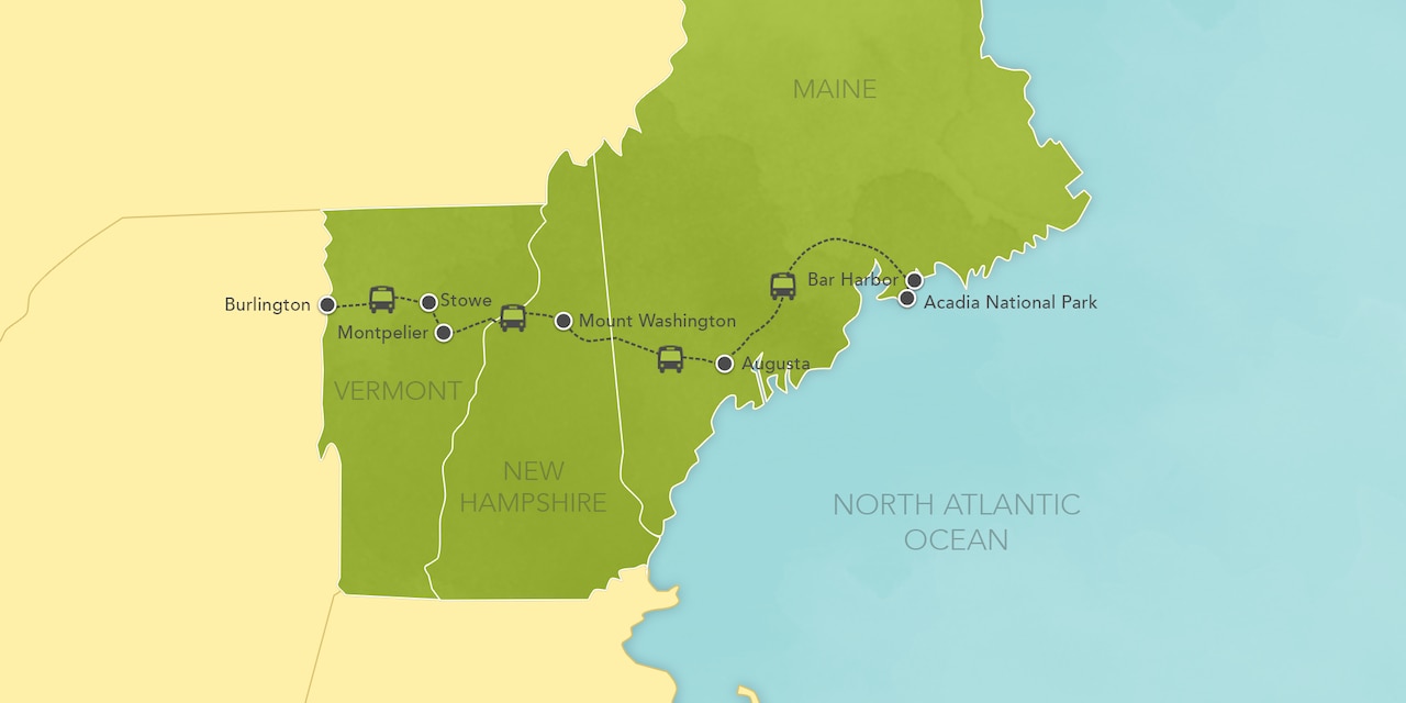 Interactive map of New England, showing a summary of each day's activities