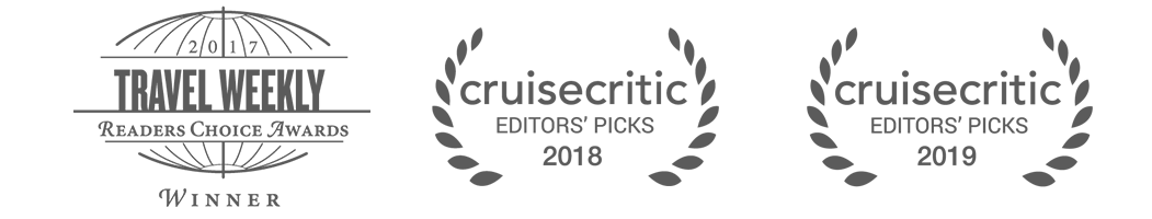 Three logos for travel awards won by Adventures by Disney that read, ‘2017 Travel Weekly Readers Choice Award Winner,’ ‘Cruise Critic Editor’s Picks 2018’ and ‘Cruise Critic ‘Editor’s Pick 2019.’