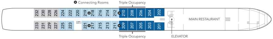 An image of the layout of the Cello Deck, featuring connecting staterooms, triple occupancy staterooms and the main restaurant. An image of the layout of the Cello Deck, featuring connecting staterooms, triple occupancy staterooms and the main restaurant.