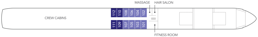 An image of the layout of the Piano Deck, featuring staterooms, hair salon, fitness room, crew cabins and massage room. An image of the layout of the Piano Deck, featuring staterooms, hair salon, fitness room, crew cabins and massage room.