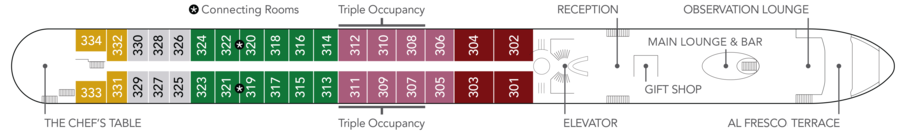 An image of the layout of the Violin Deck, featuring connecting and triple occupancy staterooms, the main lounge and bar, gift shop, terrace and the chef’s table. An image of the layout of the Violin Deck, featuring connecting and triple occupancy staterooms, the main lounge and bar, gift shop, terrace and the chef’s table.