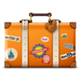 An icon of a suitcase with travel stickers