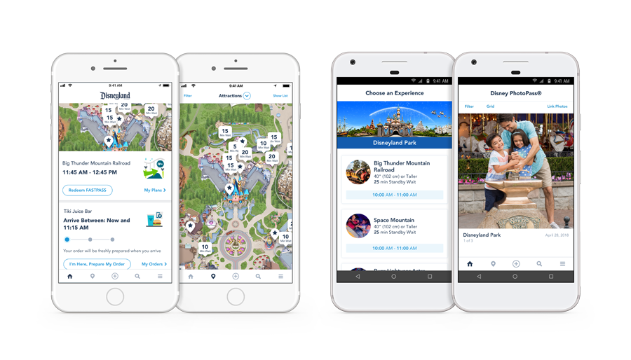 The Park Info, Attractions, Choose an Experience and PhotoPass screens of the Disneyland Resort app