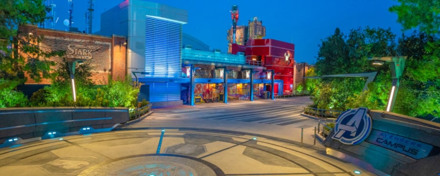 The entrance to Avengers Campus at the Disneyland Resort, featuring the Guardians of the Galaxy Mission Breakout and Web Slingers attractions