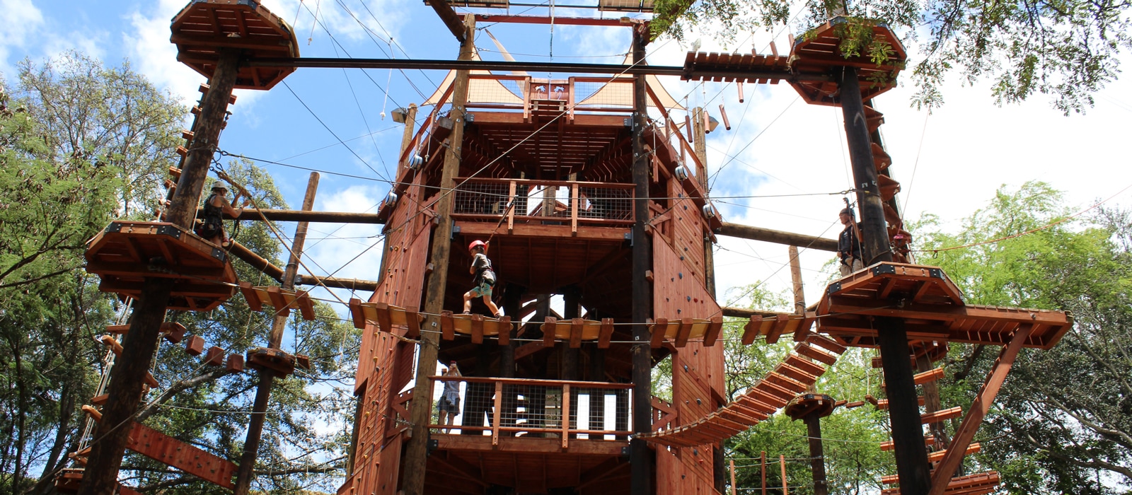 A child wearing a helmet and a harness walks across a rope bridge at Coral Crater Adventure Park