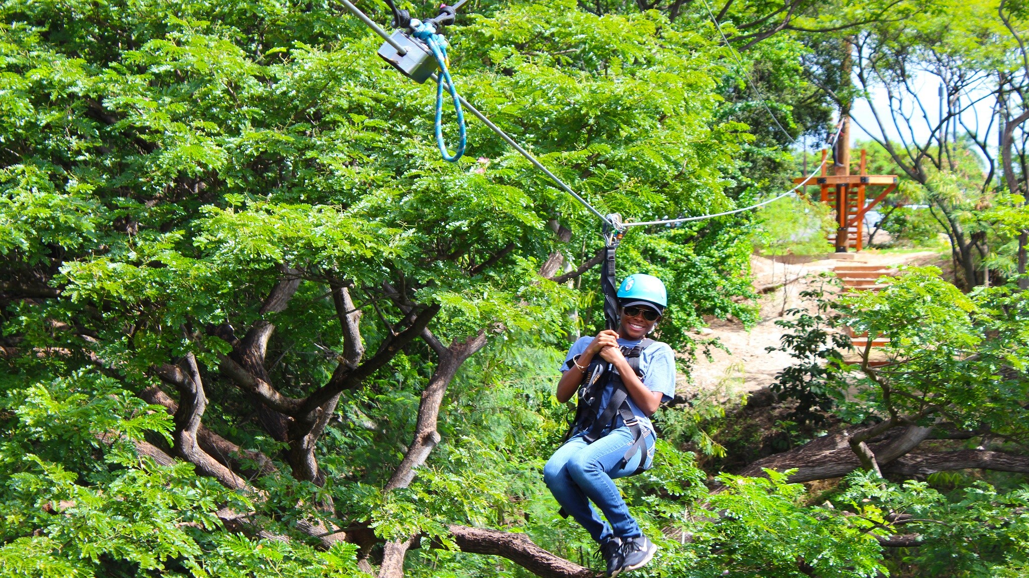 A helmeted rider on a zip line traversing a canopy of trees
