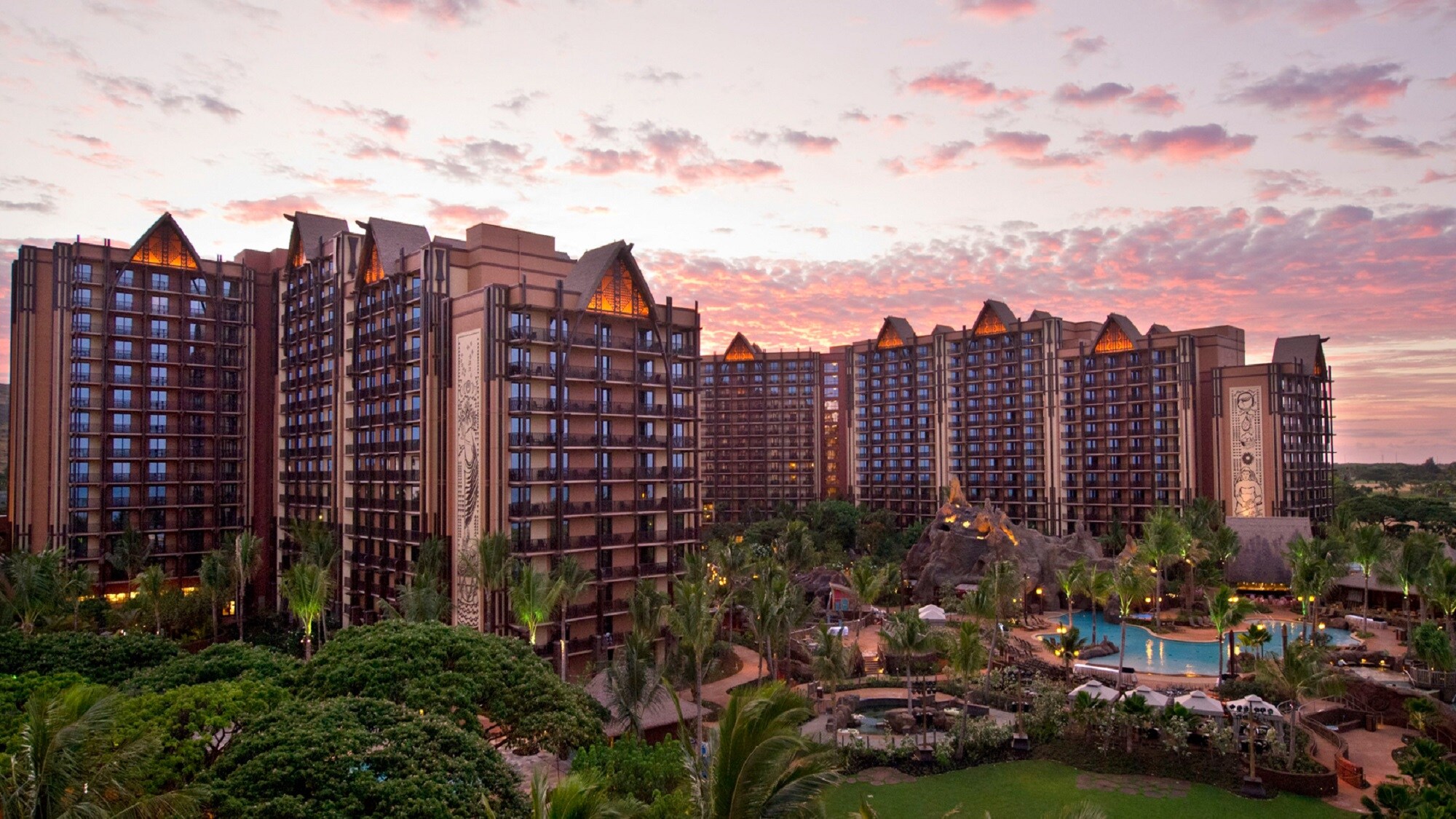 The exterior of Aulani Resort at dusk