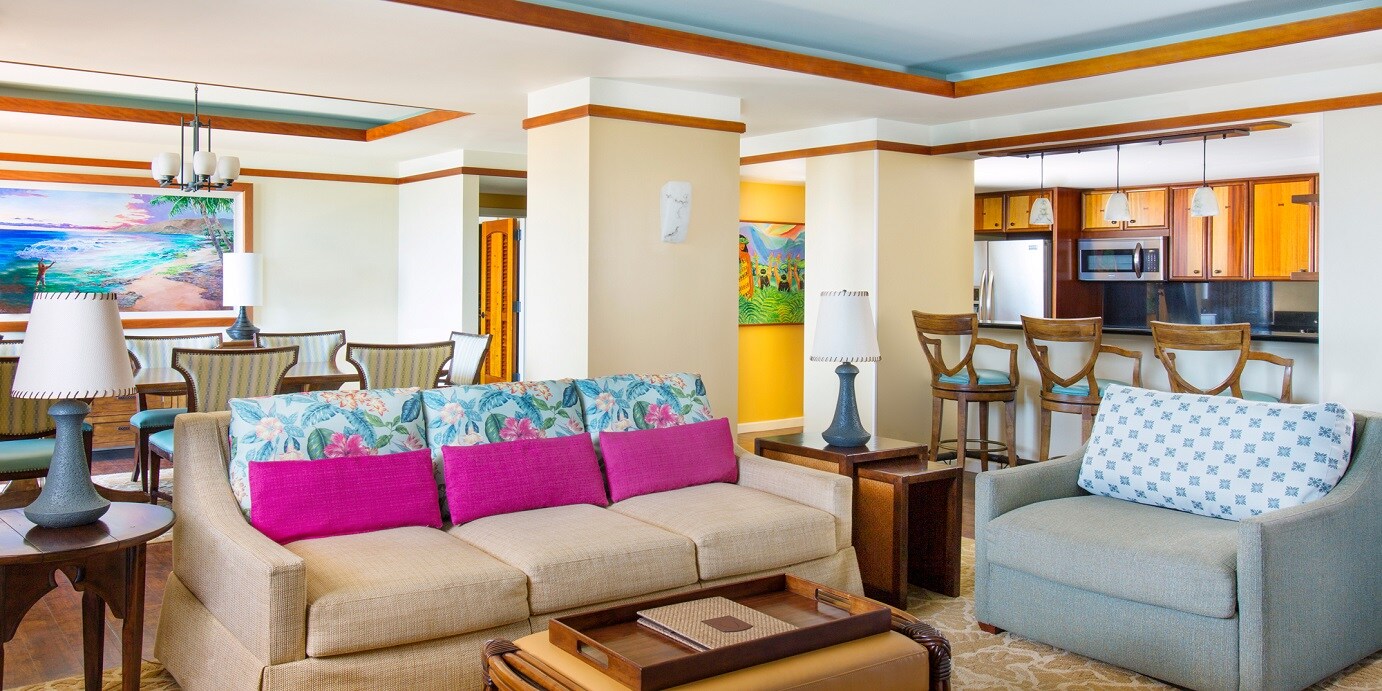 The living area and kitchen of a Villa at Aulani Resort