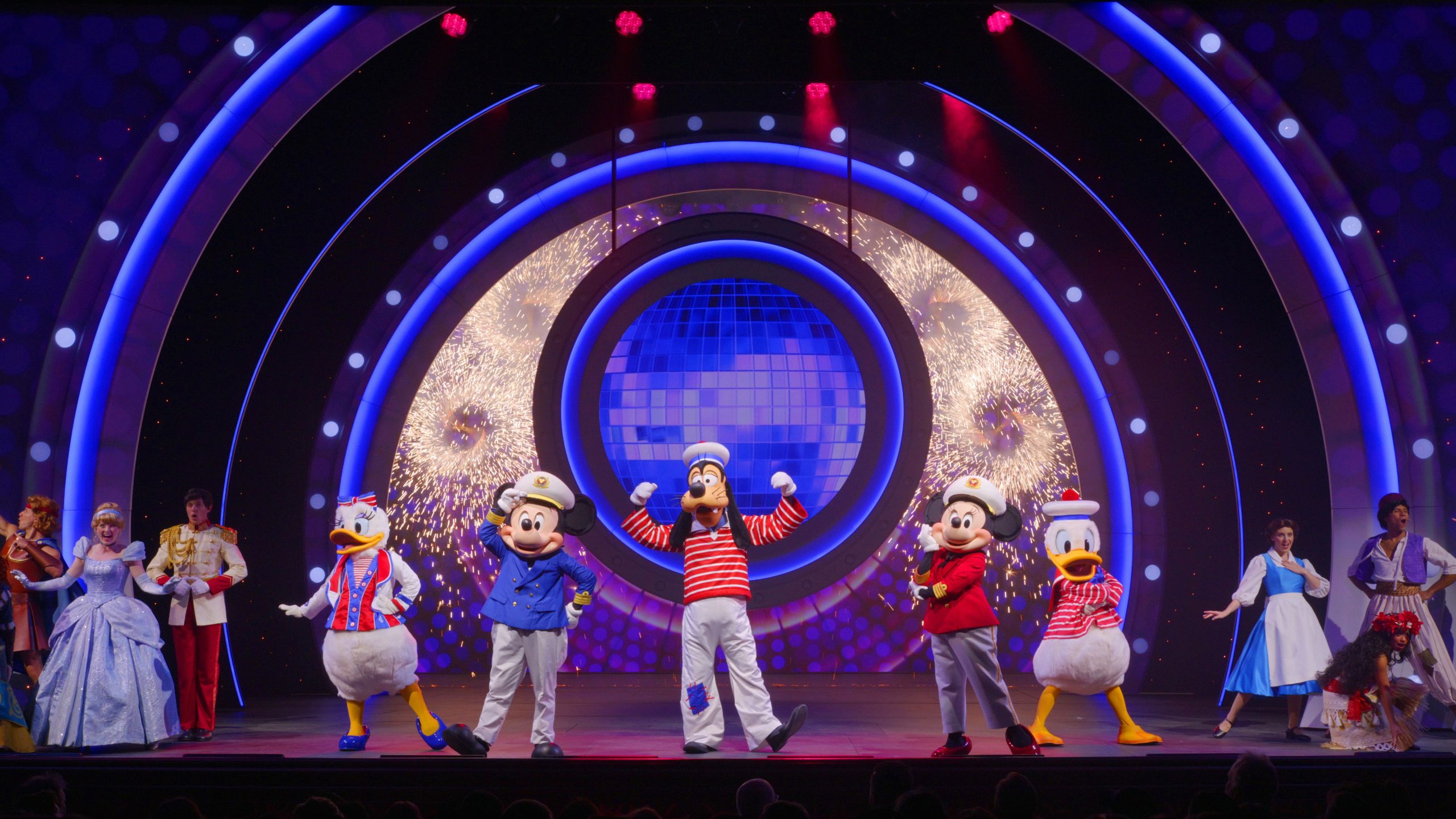 The Disney Seas the Adventure stage show featuring Captains Mickey Mouse and Minnie Mouse, and Sailors Donald Duck, Daisy Duck and Goofy along with other Disney Characters