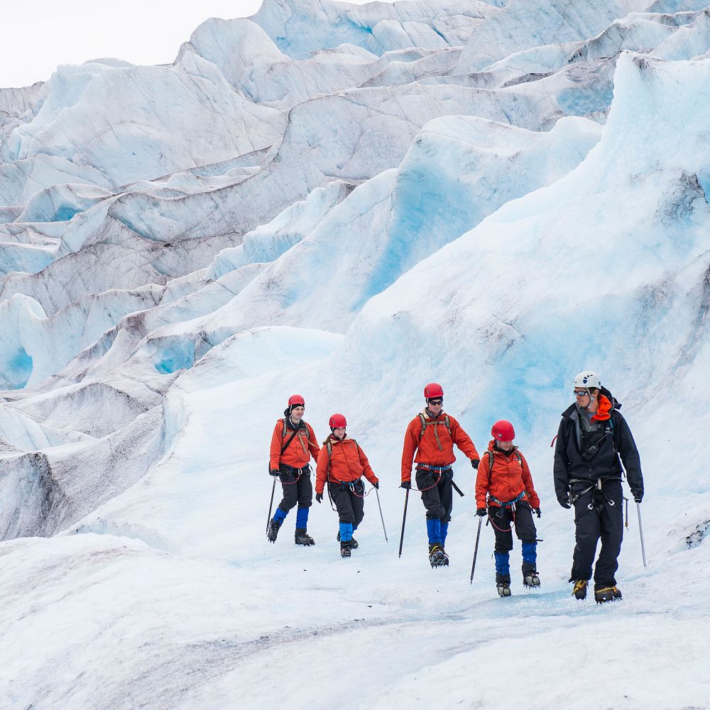 A guide and Guests traversing an Alaskan glacier