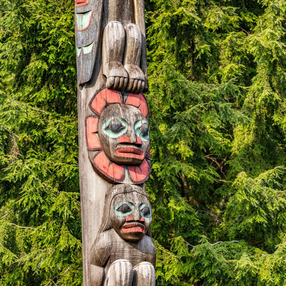A carved wooden totem pole