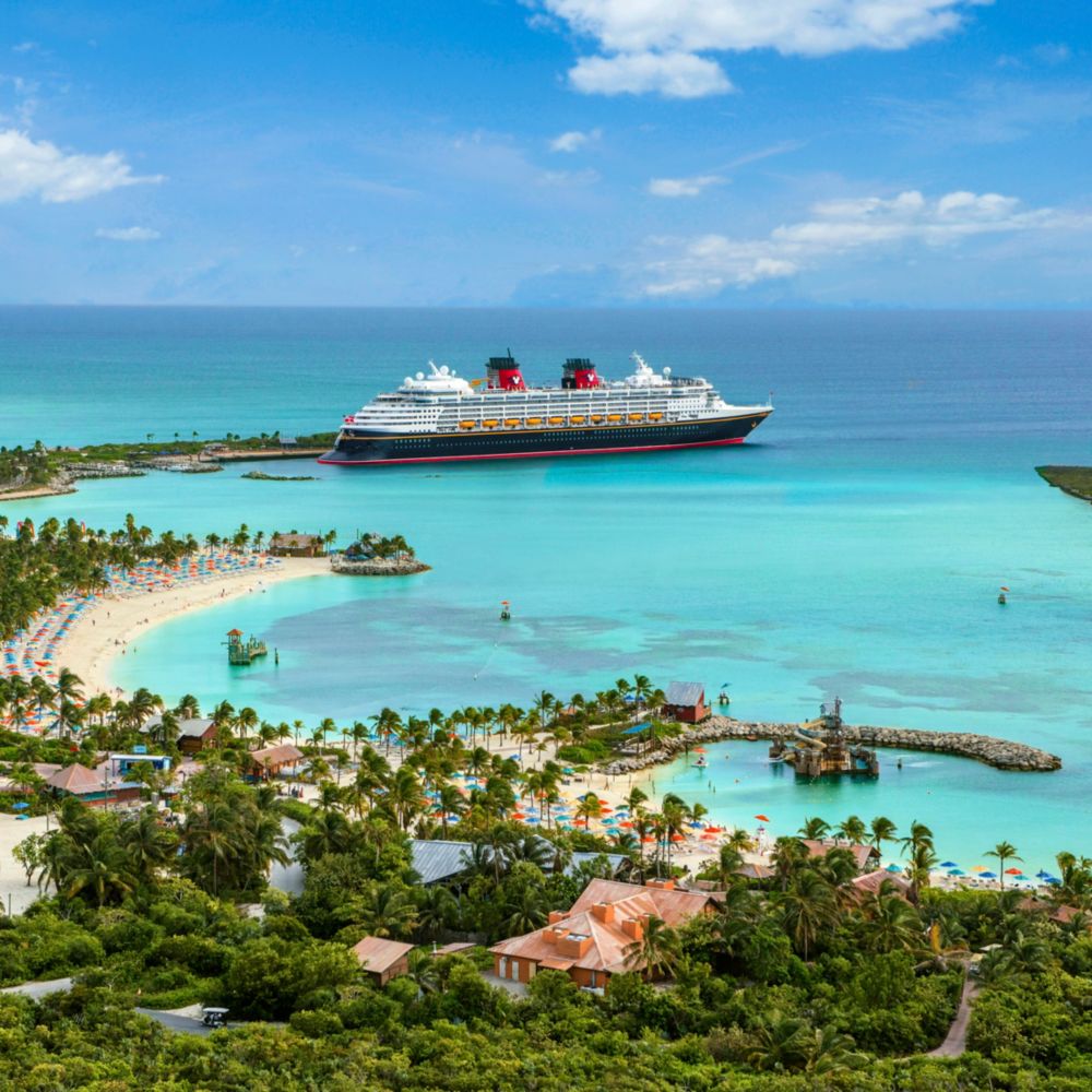 A Disney cruise ship docked at Disney Castaway Cay