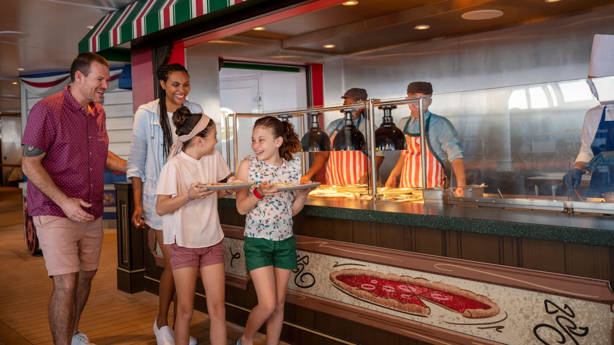 A family ordering pizza from a pizza venue aboard a Disney cruise ship