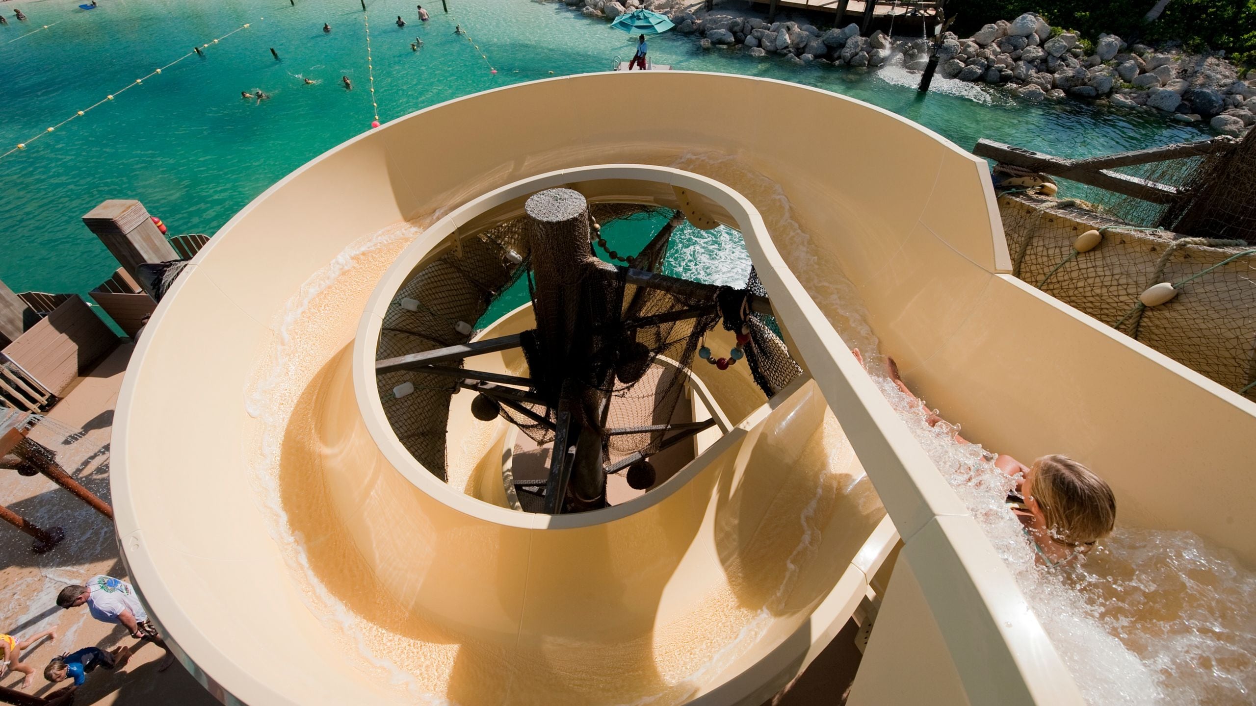 A waterslide leading to a lagoon at the water play platform on Disney Castaway Cay