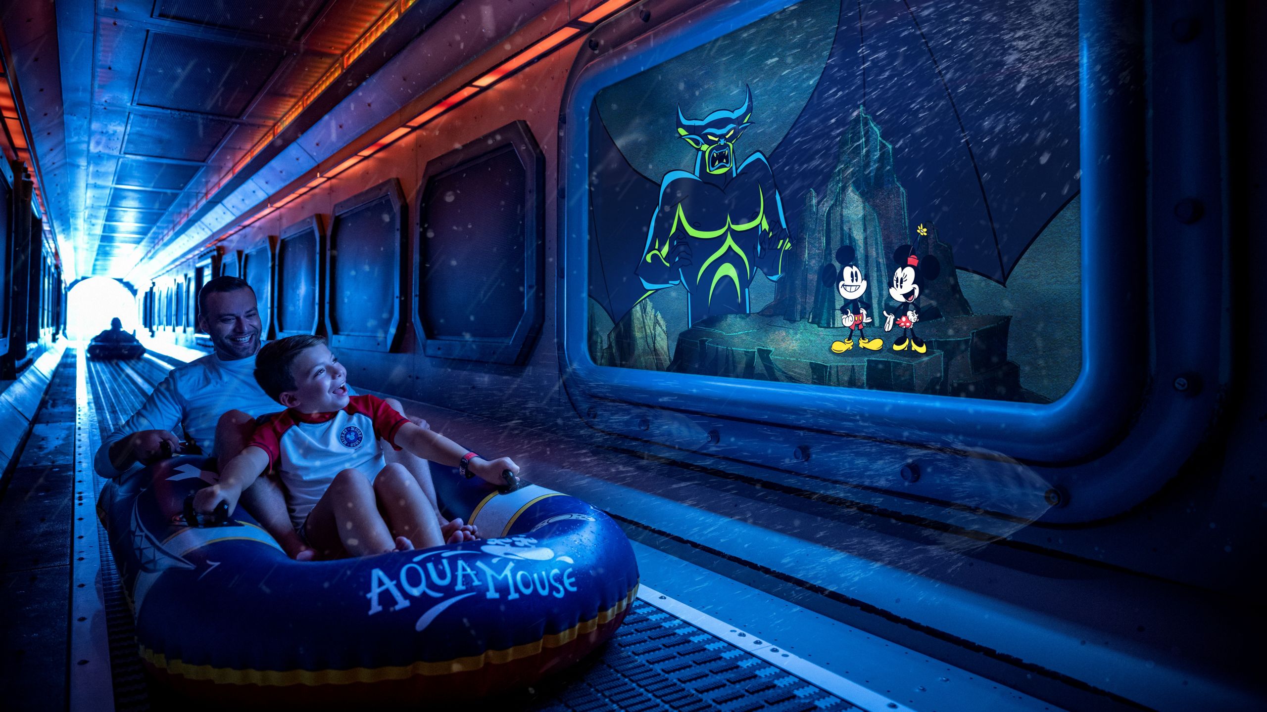 A boy and his father on the Aqua Mouse ride and an image of Mickey and Minnie Mouse and Chernabog