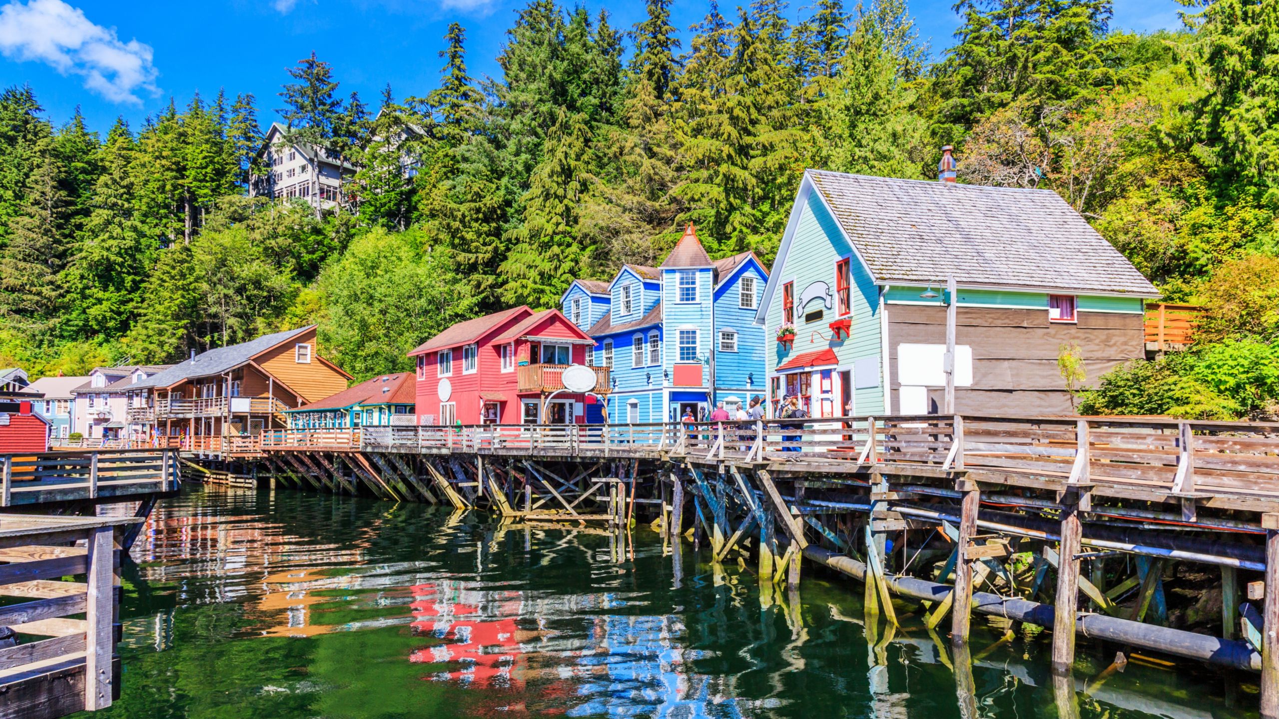 A row of houses on a bridge over water in Ketchikan, Alaska
