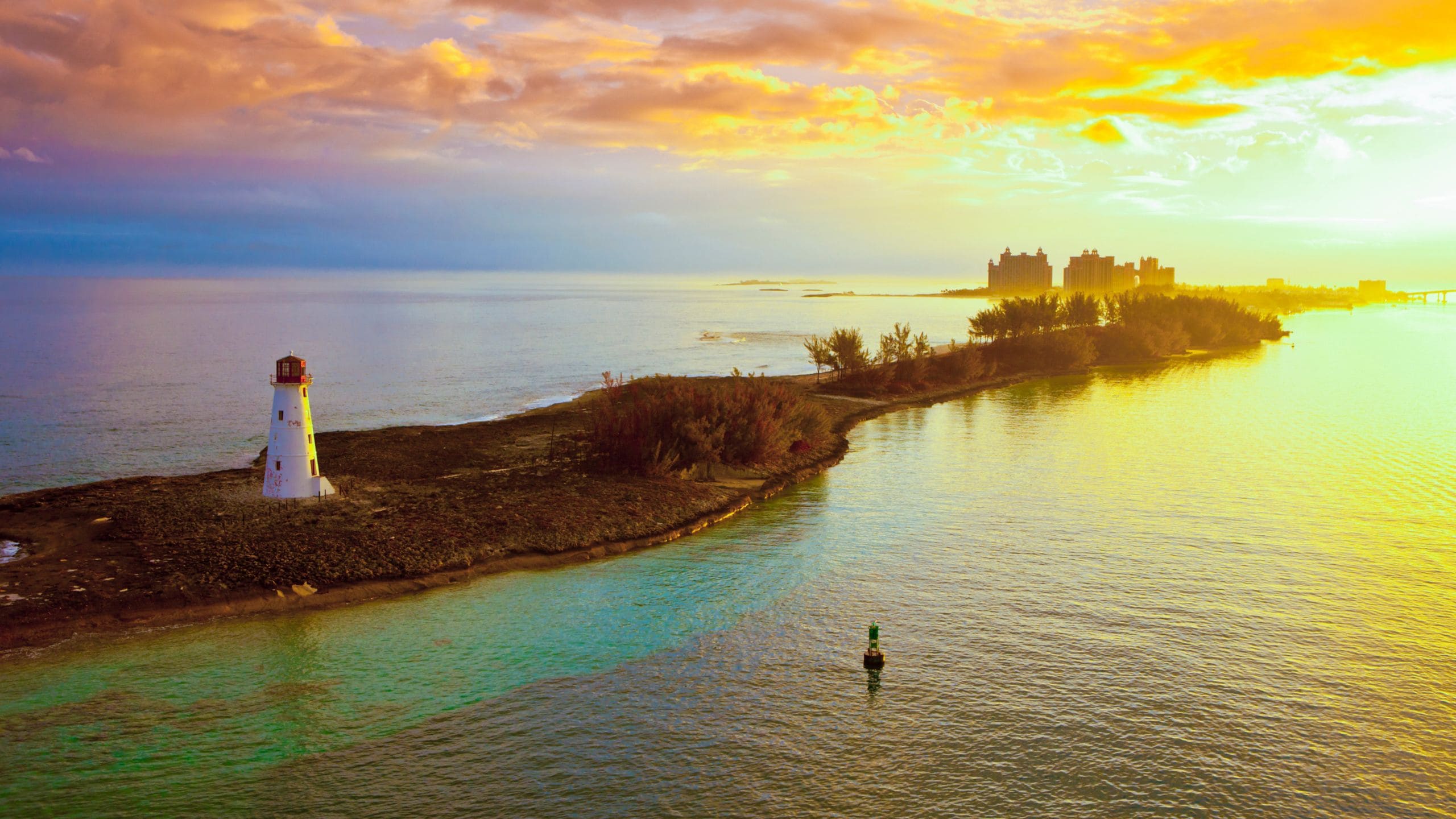 The Paradise Island Lighthouse and harbor entrance to Nassau, The Bahamas