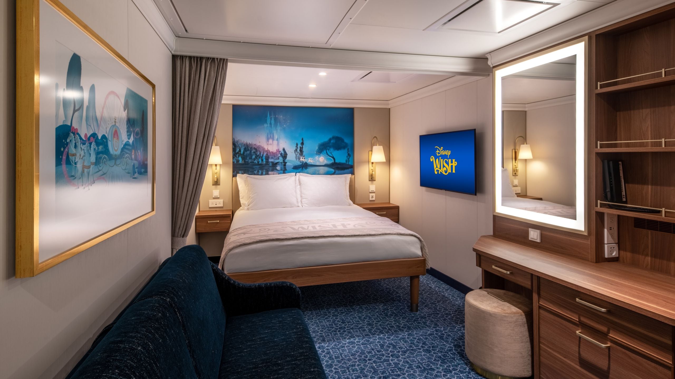 A Disney Wish Inside Stateroom with Cinderella-inspired artwork