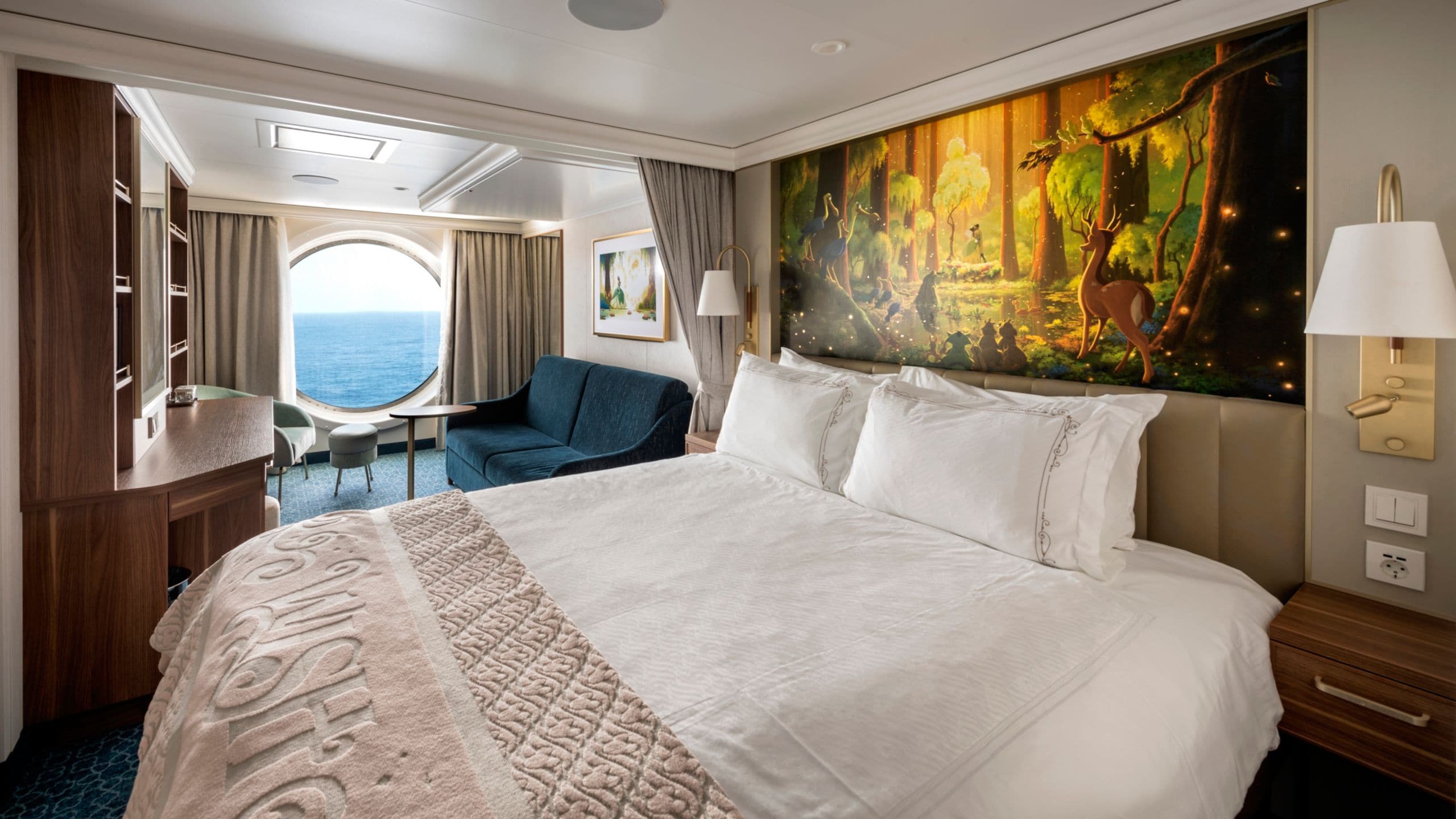 A Disney Wish Oceanview stateroom inspired by The Princess and the Frog, with an ocean-facing window