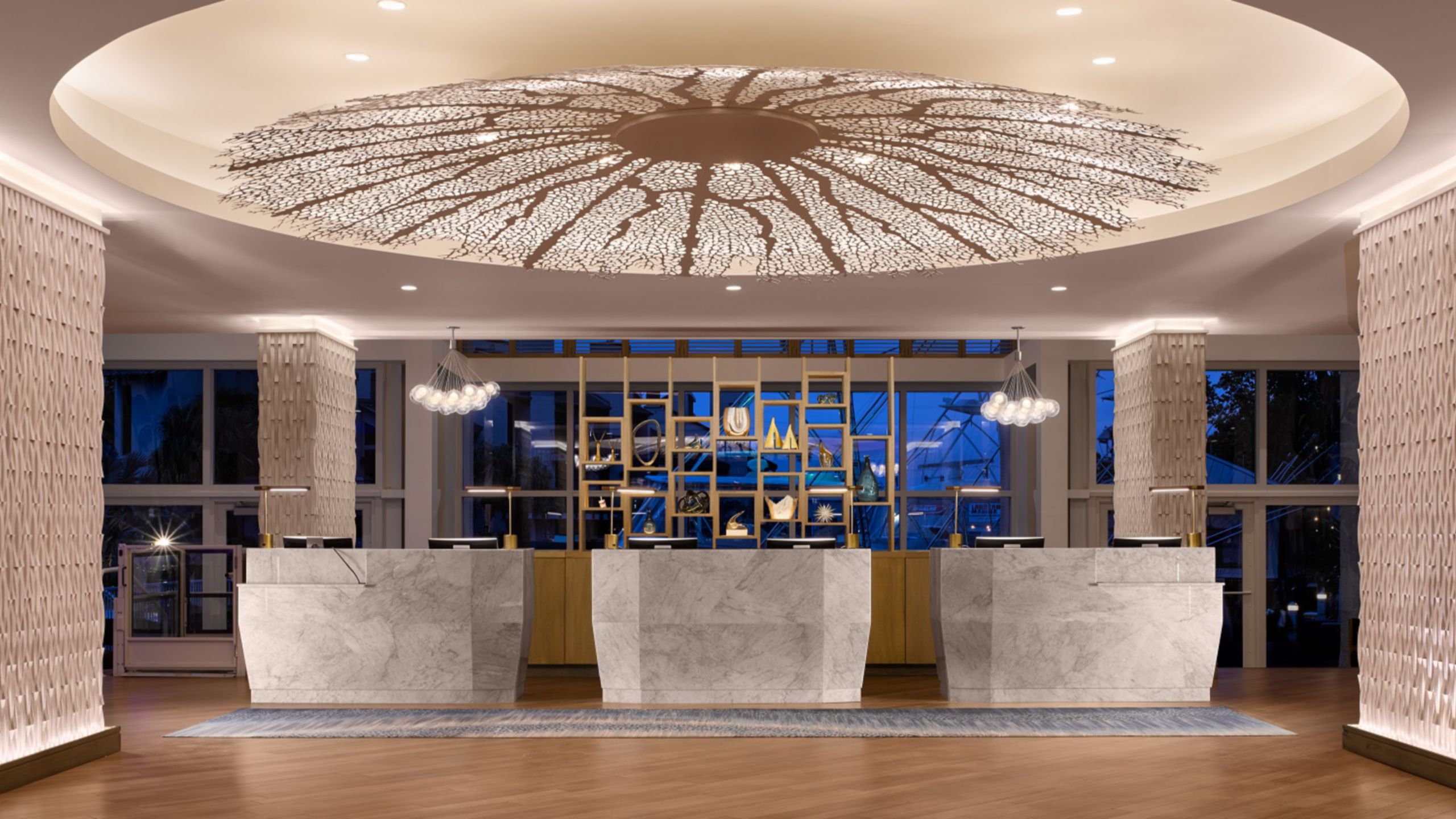 The front desk area in the Hilton Fort Lauderdale Marina