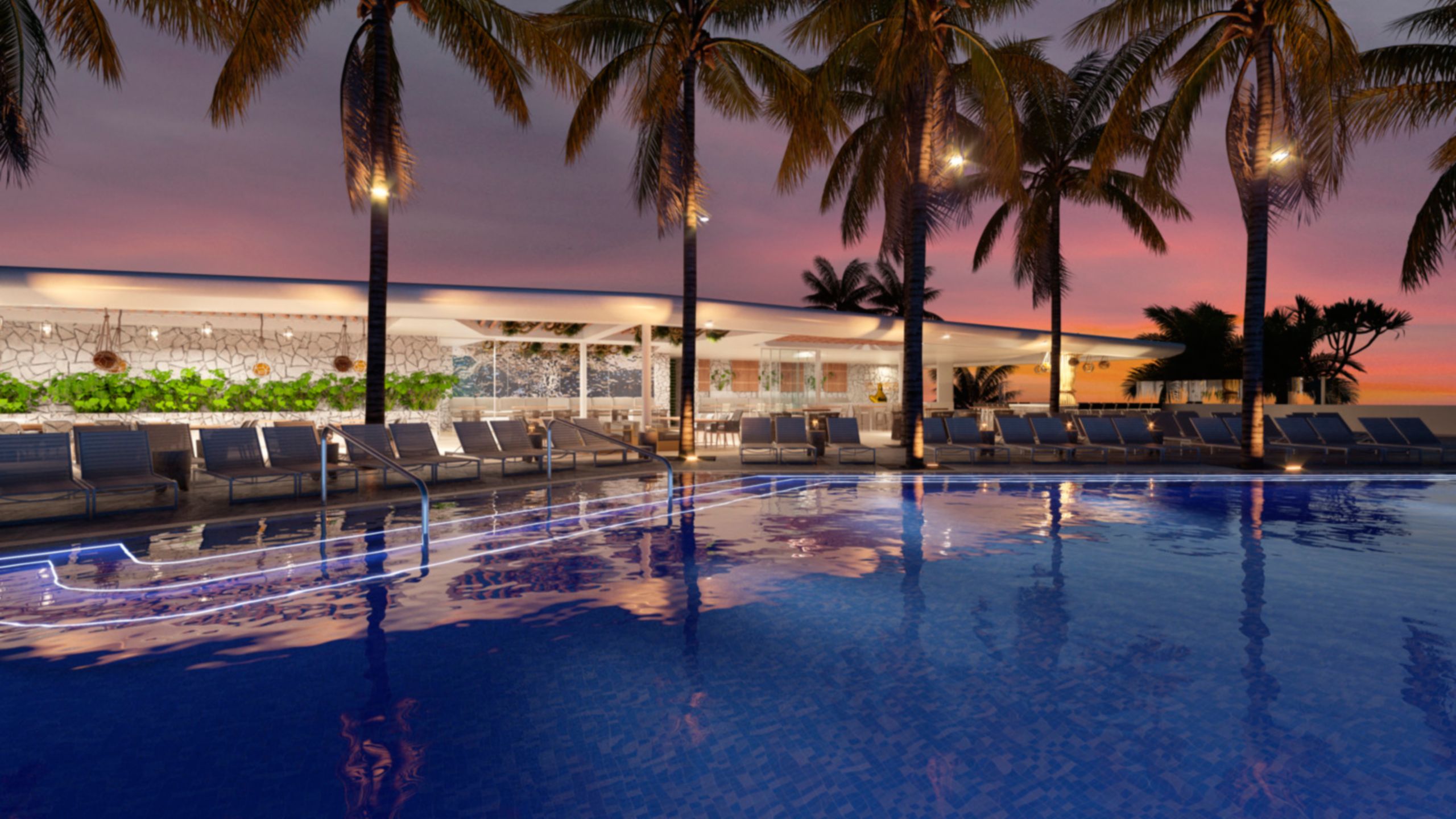 A rendering of an outdoor swimming pool and resting area in the Omni Fort Lauderdale Hotel