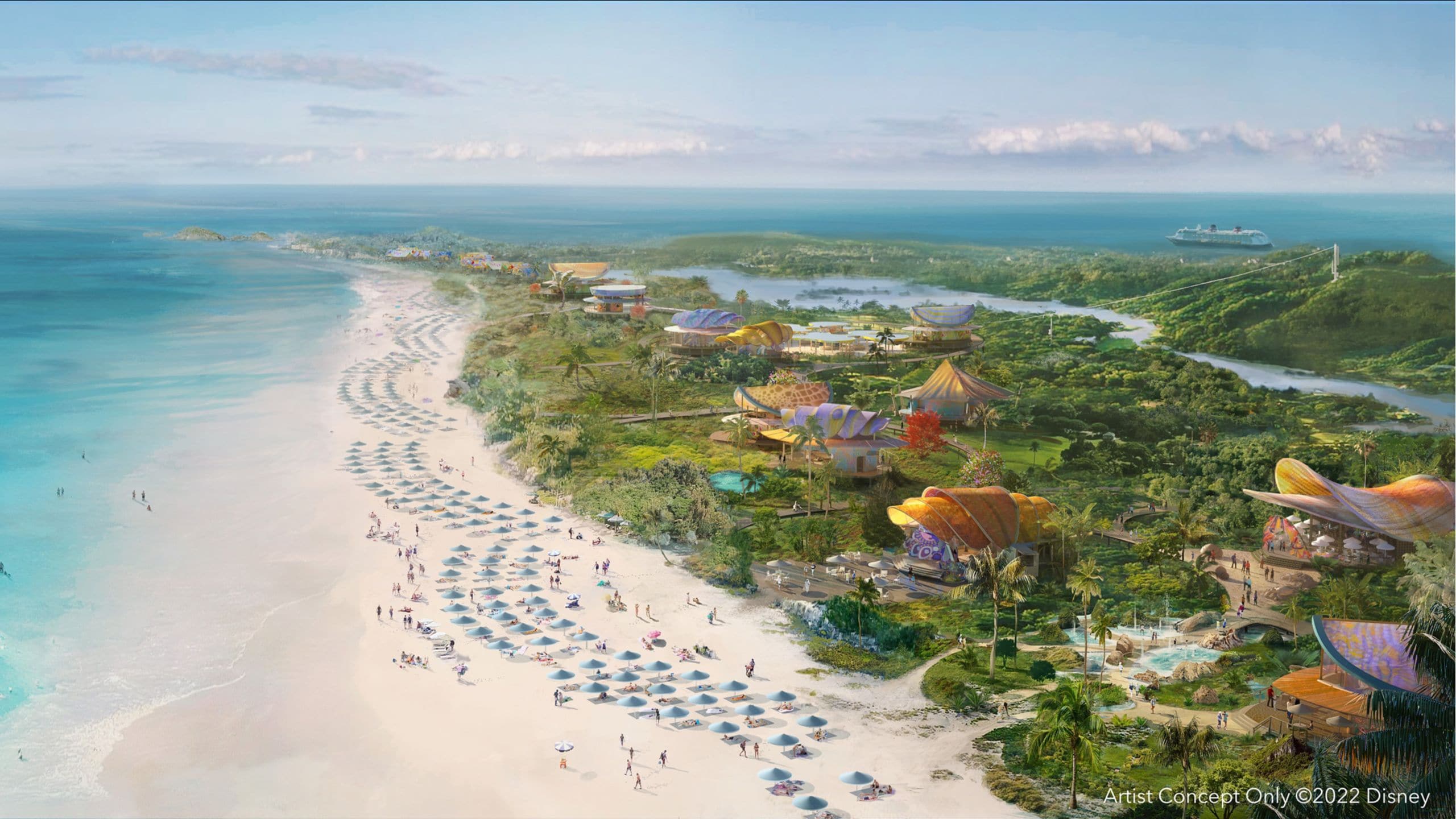La côte d'une île tropicale luxuriante révèle plusieurs pavillons à grande échelle et une longue étendue de plage bordé de chaises longues