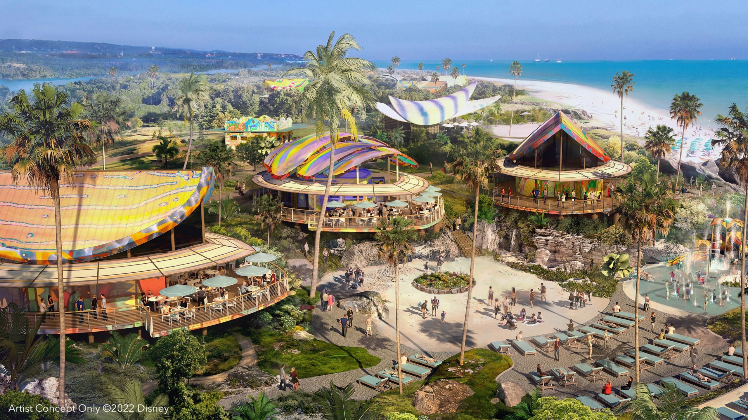 A tropical beach setting with splashing fountains, dining and recreational spaces, and several pavilions