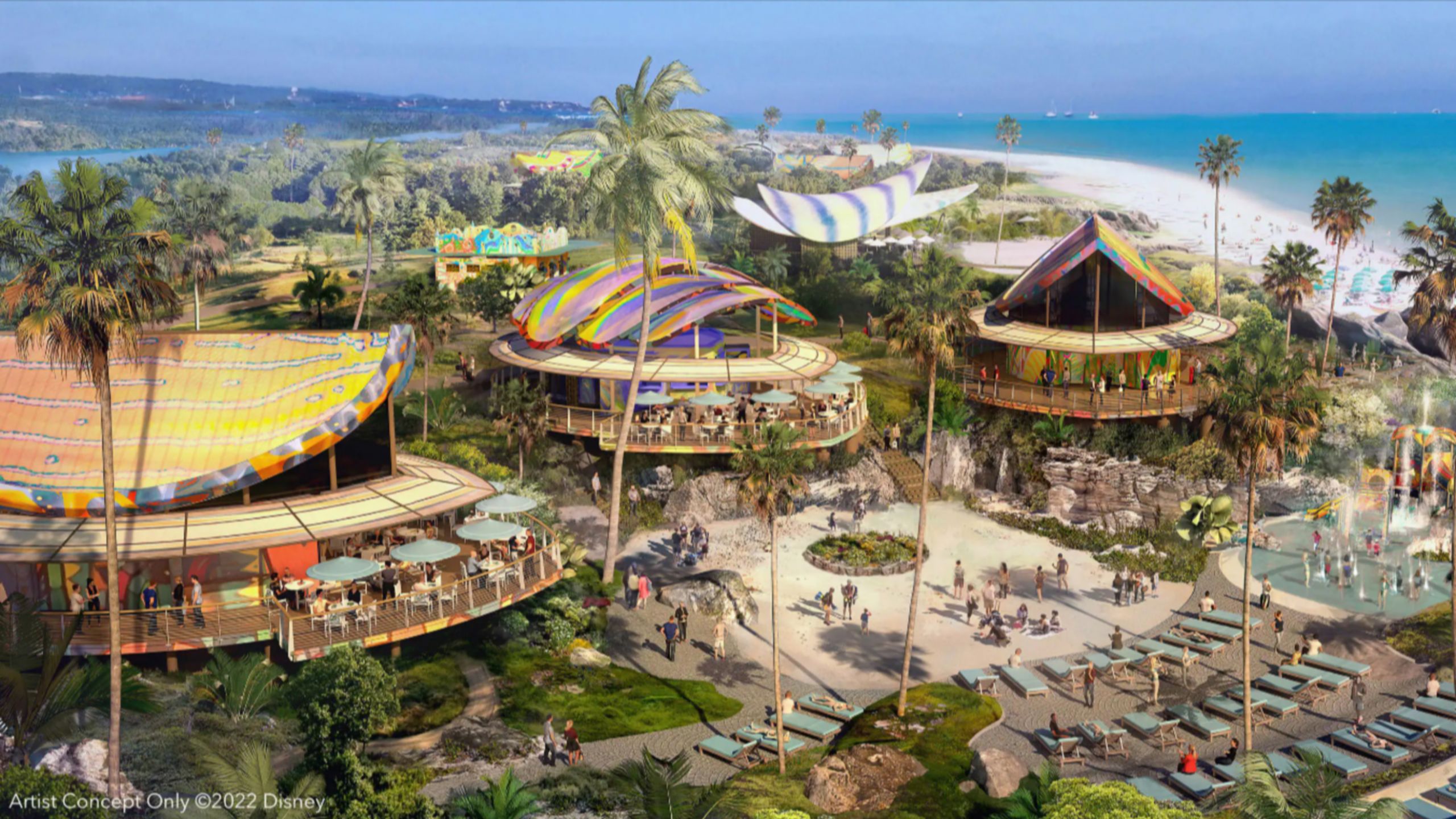 Um cenário de praia tropical com chafarizes, restaurantes e espaços recreativos e vários pavilhões
